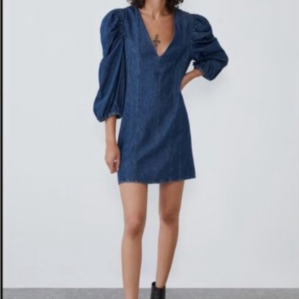 NWTS Zara Denim Mini Dress w/3/4 puff sleeves & back sliver zipper Size Large - Picture 16 of 16